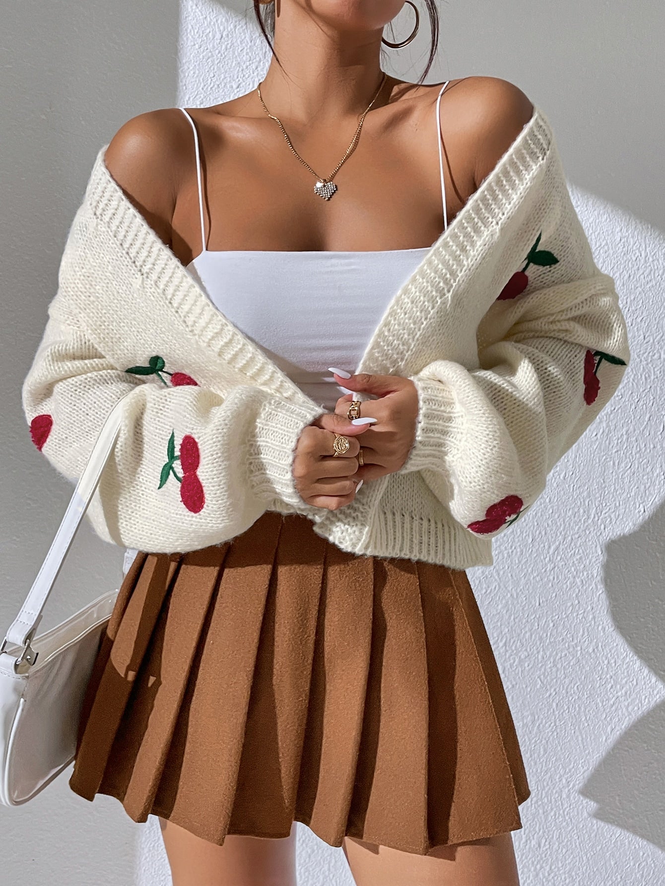 Buy SHEIN Qutie Cherry Embroidery Lantern Sleeve Cardigan in Pakistan