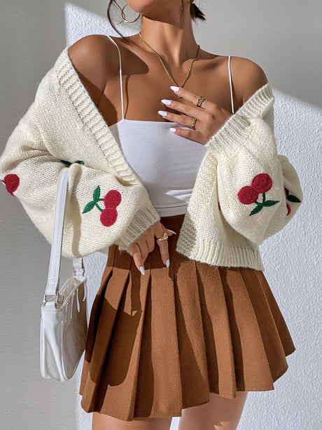 Buy SHEIN Qutie Cherry Embroidery Lantern Sleeve Cardigan in Pakistan