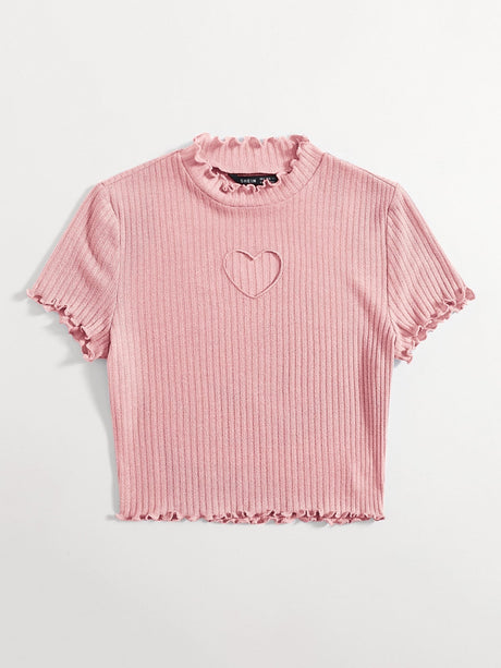 Buy SHEIN Qutie Heart Cutout Detail Lettuce Trim Tee in Pakistan