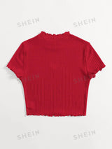 Buy SHEIN Qutie Heart Cutout Detail Lettuce Trim Wavy Edge Short Sleeves Summer Tee in Pakistan