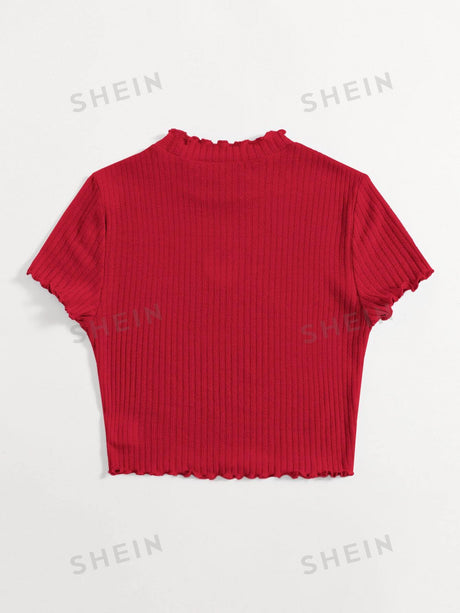 Buy SHEIN Qutie Heart Cutout Detail Lettuce Trim Wavy Edge Short Sleeves Summer Tee in Pakistan