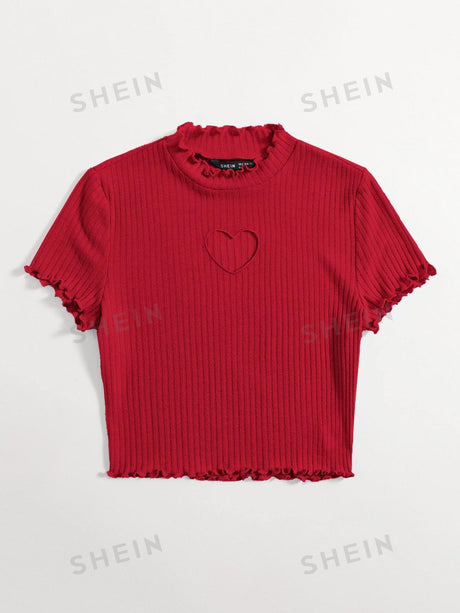 Buy SHEIN Qutie Heart Cutout Detail Lettuce Trim Wavy Edge Short Sleeves Summer Tee in Pakistan