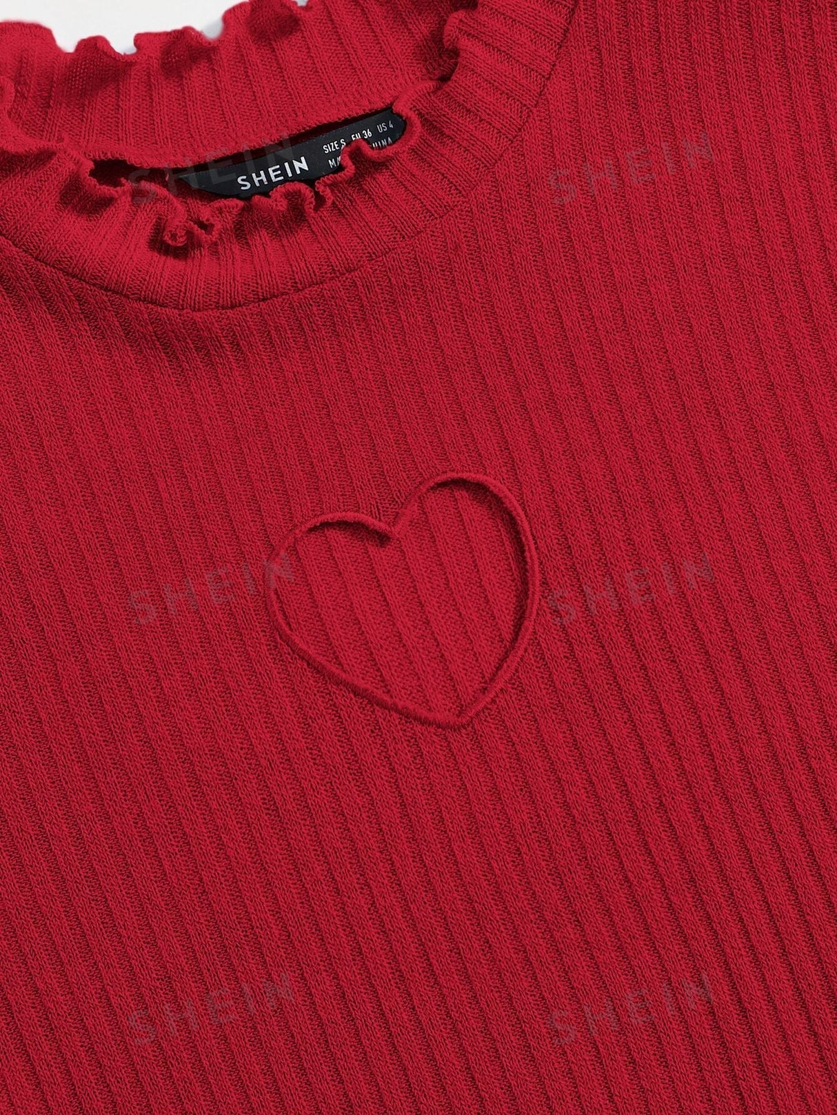 Buy SHEIN Qutie Heart Cutout Detail Lettuce Trim Wavy Edge Short Sleeves Summer Tee in Pakistan