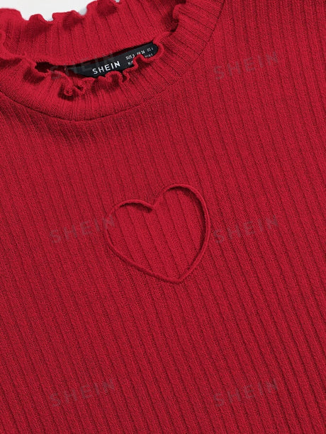 Buy SHEIN Qutie Heart Cutout Detail Lettuce Trim Wavy Edge Short Sleeves Summer Tee in Pakistan