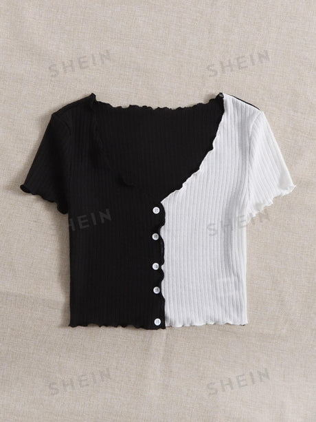 Buy SHEIN Qutie Two Tone Lettuce Trim Tee in Pakistan