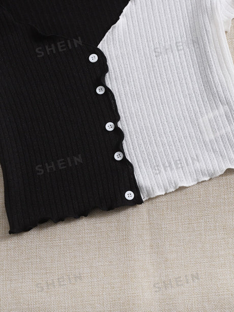 Buy SHEIN Qutie Two Tone Lettuce Trim Tee in Pakistan