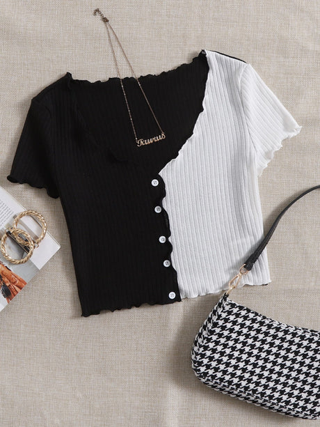 Buy SHEIN Qutie Two Tone Lettuce Trim Tee in Pakistan