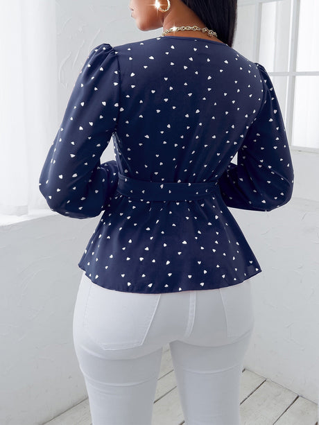 Buy SHEIN SXY Random Heart Print Surplice Neck Belted Blouse in Pakistan