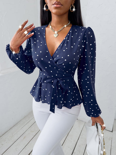 Buy SHEIN SXY Random Heart Print Surplice Neck Belted Blouse in Pakistan