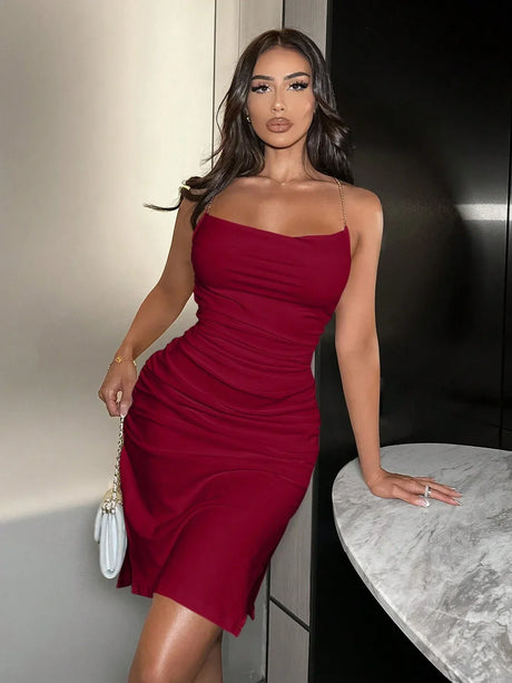 Buy SHEIN SXY Women's Metal Chain Strap Sexy Pleated Cami Dress in Pakistan