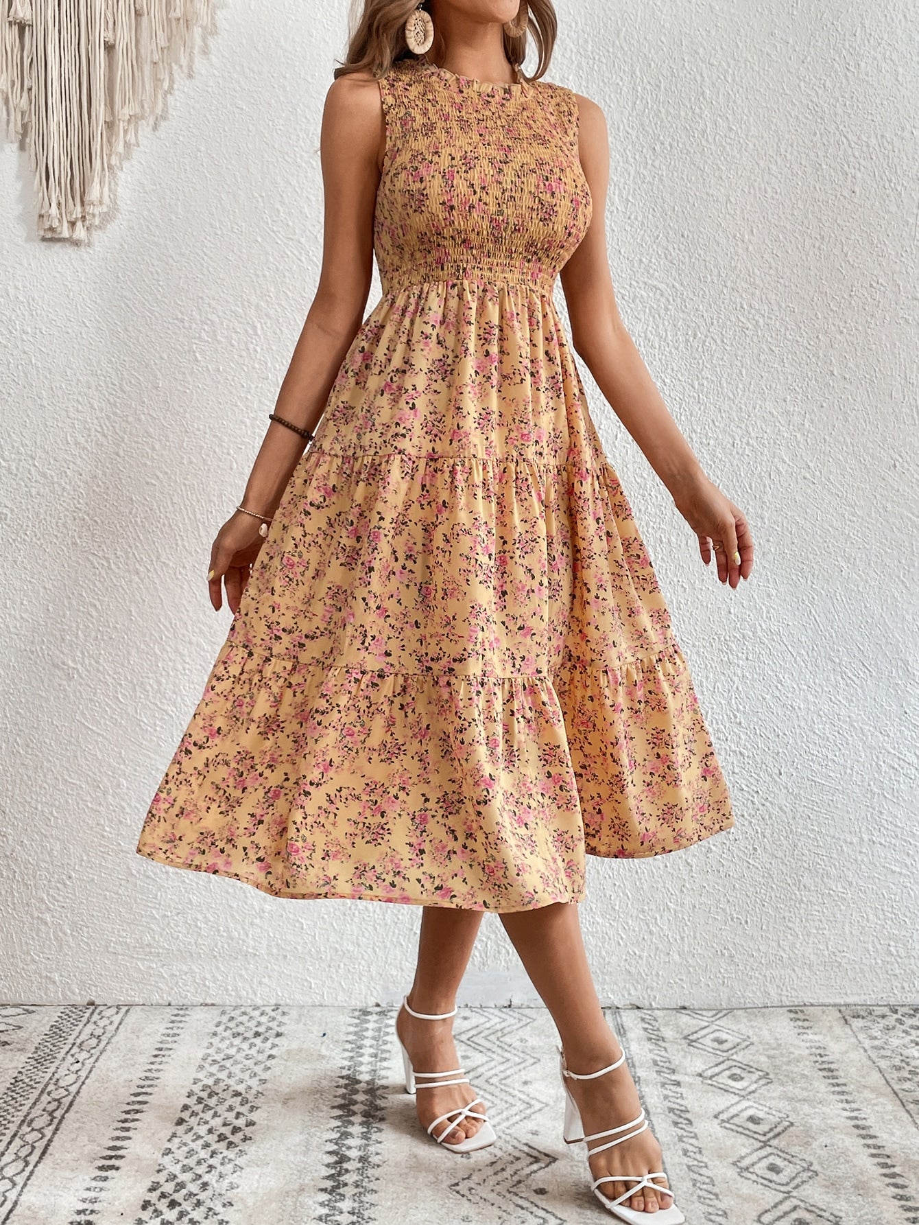 Buy SHEIN VCAY Ditsy Floral Print Ruffle Hem Dress in Pakistan