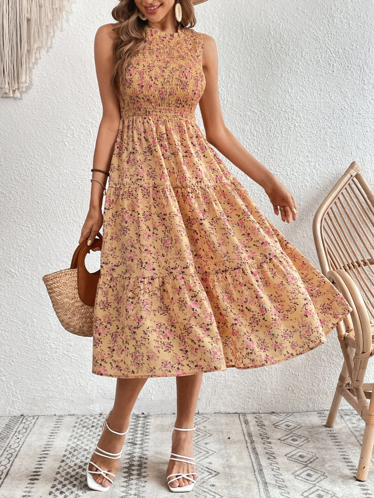 Buy SHEIN VCAY Ditsy Floral Print Ruffle Hem Dress in Pakistan