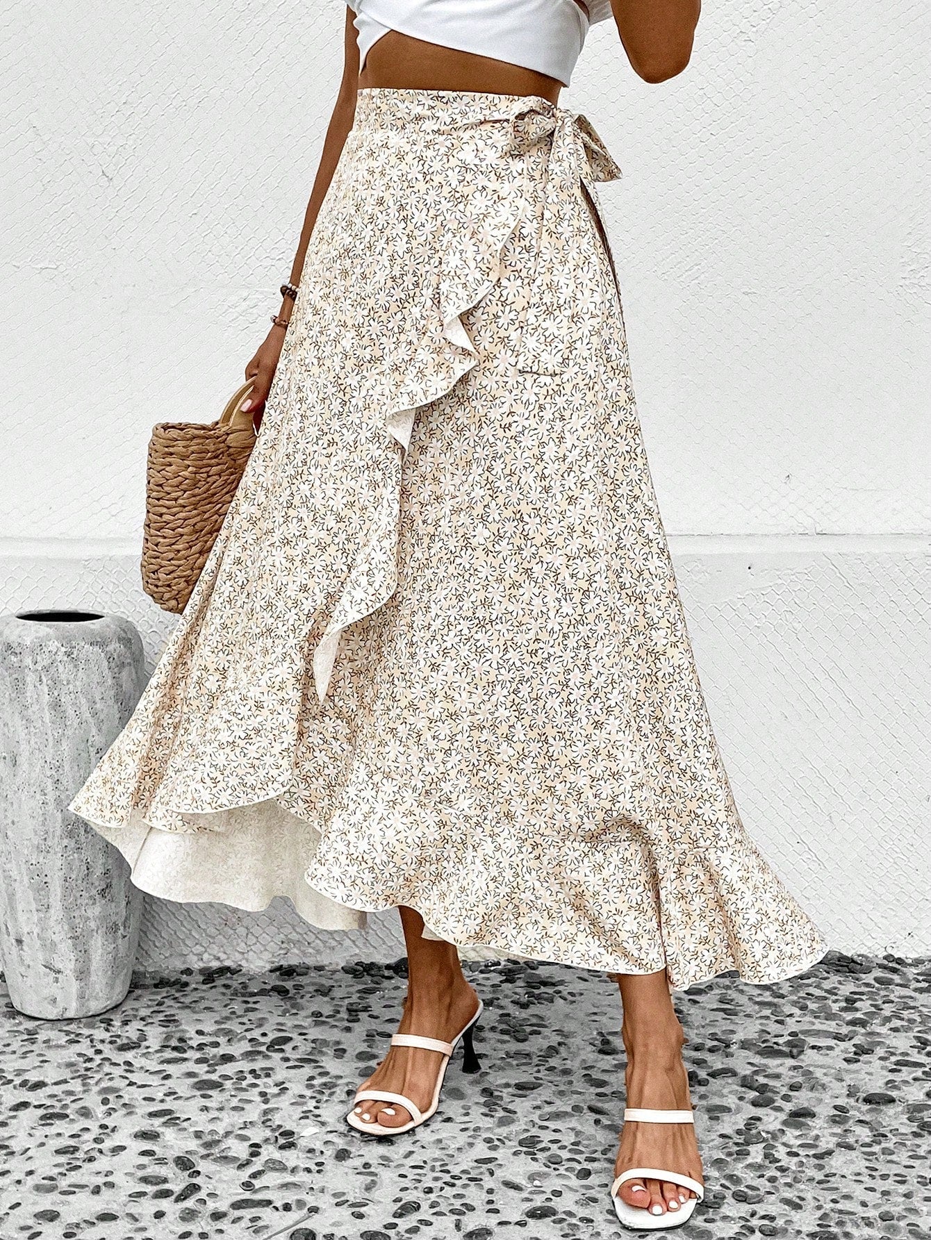 Buy SHEIN VCAY Ditsy Floral Print Ruffle Trim Tie Side Wrap Skirt in Pakistan