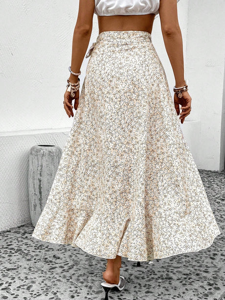 Buy SHEIN VCAY Ditsy Floral Print Ruffle Trim Tie Side Wrap Skirt in Pakistan