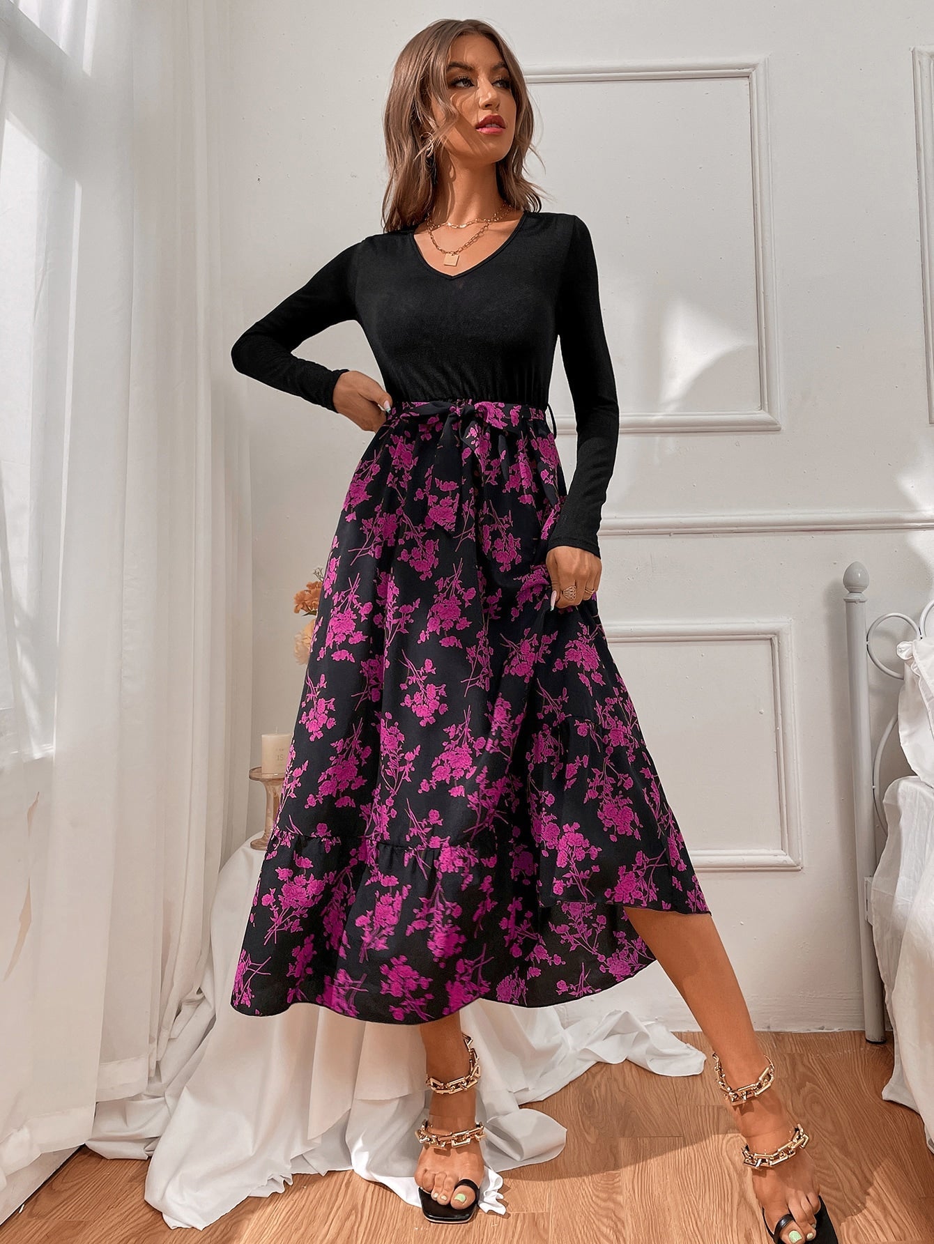 Buy SHEIN VCAY Floral Print Belted 2 In 1 Dress in Pakistan