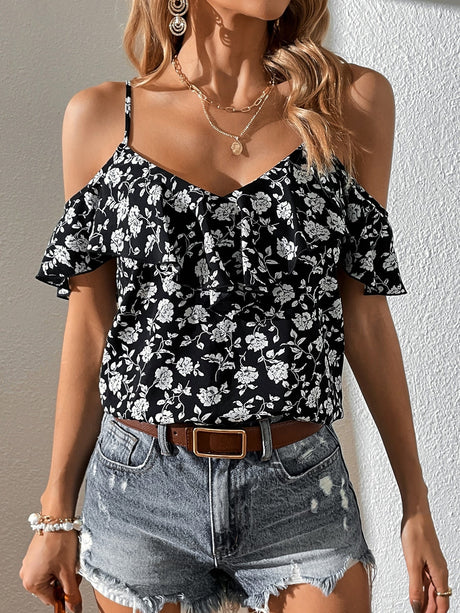 Buy SHEIN VCAY Floral Print Cold Shoulder Blouse in Pakistan