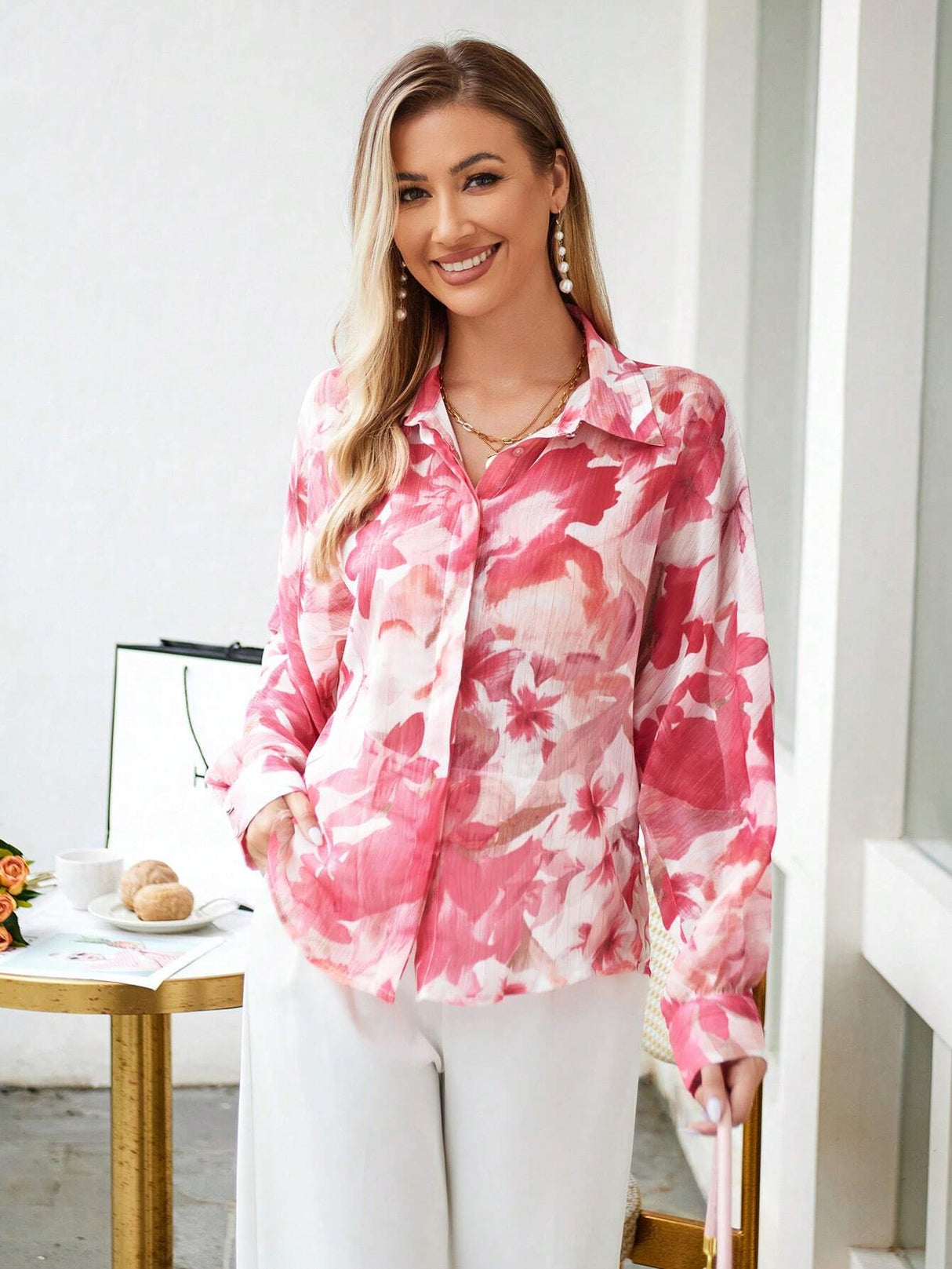 Buy SHEIN VCAY Floral Print Hidden Button Shirt in Pakistan