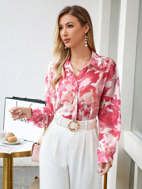 Buy SHEIN VCAY Floral Print Hidden Button Shirt in Pakistan