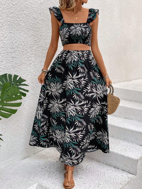 Buy SHEIN VCAY Leaf Print Ruffle Hem Camisole Top And Skirt Set With Square Neckline in Pakistan