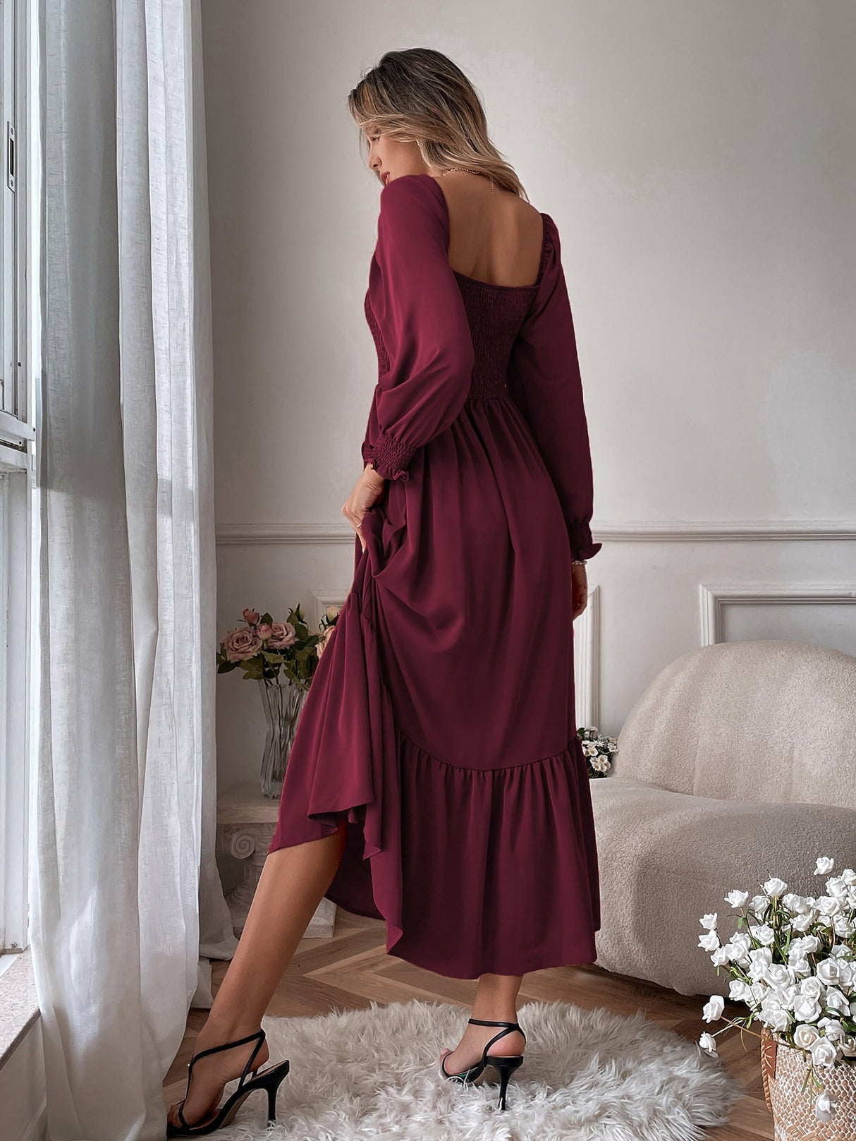 Buy SHEIN VCAY Square Neck Shirred Ruffle Hem Dress in Pakistan