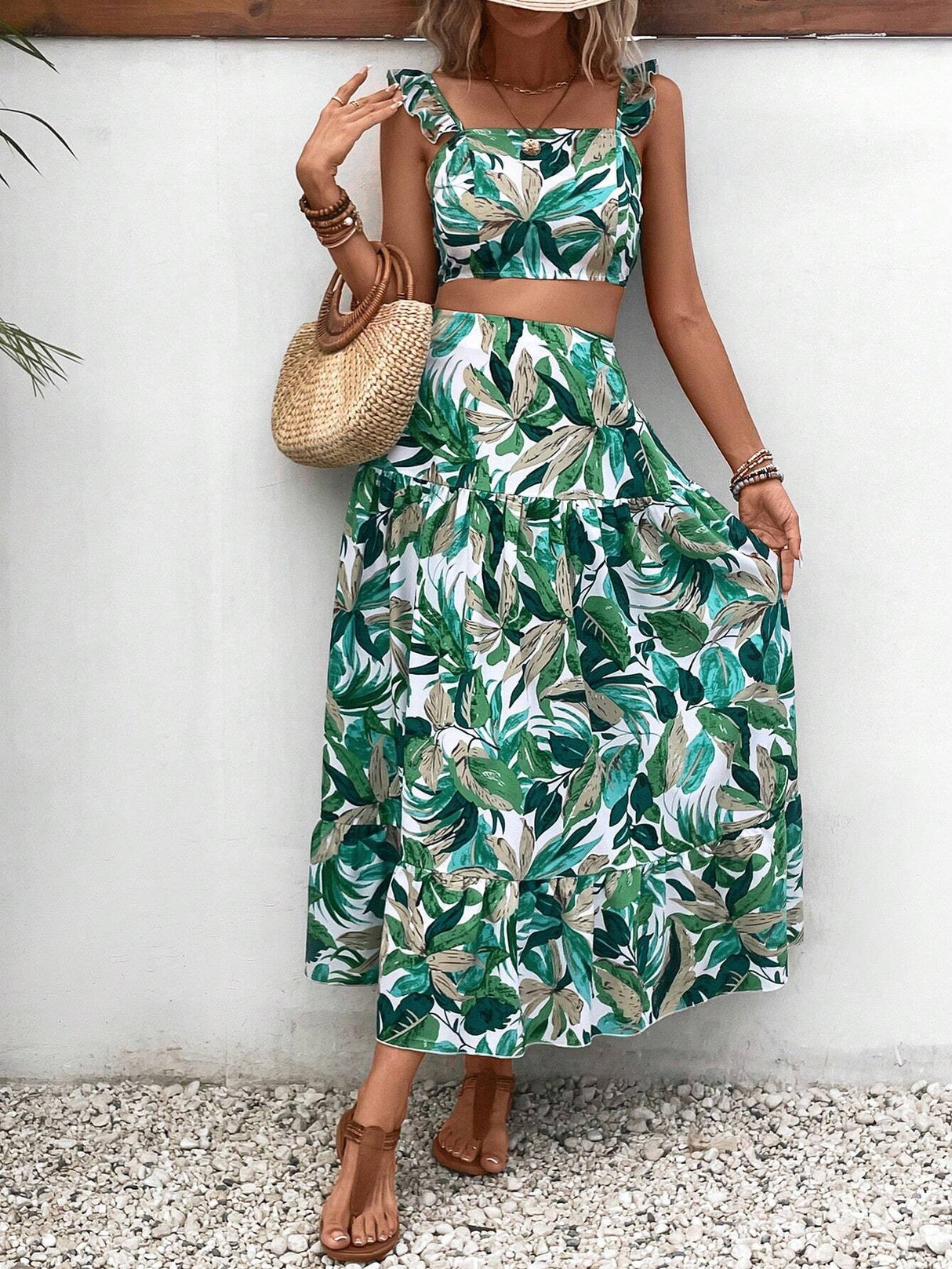 Buy SHEIN VCAY Tropical Print Ruffle Trim Top & Skirt in Pakistan