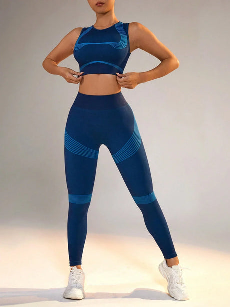 Buy SHEIN Yoga Basic Color Block Elastic And Breathable Vest And Leggings Sports Set in Pakistan
