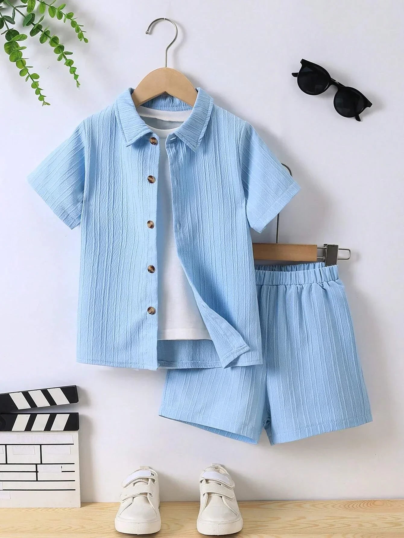 Buy SHEIN Young Boy Solid Button Front Shirt & Shorts Without Tee in Pakistan