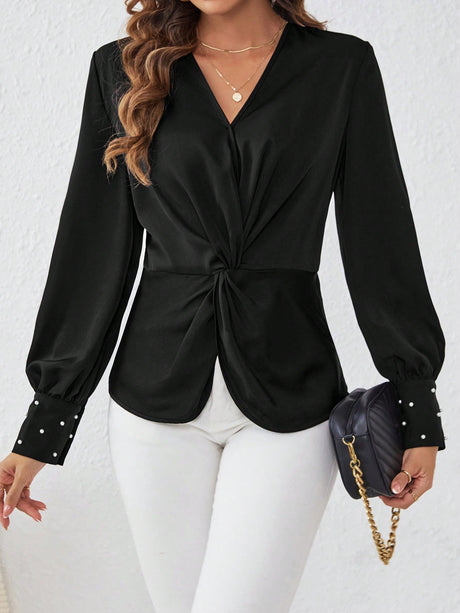 Buy SHEIN Satin Fabric Shirt With Front Knot And Cufflinks Detailed Sleeves in Pakistan