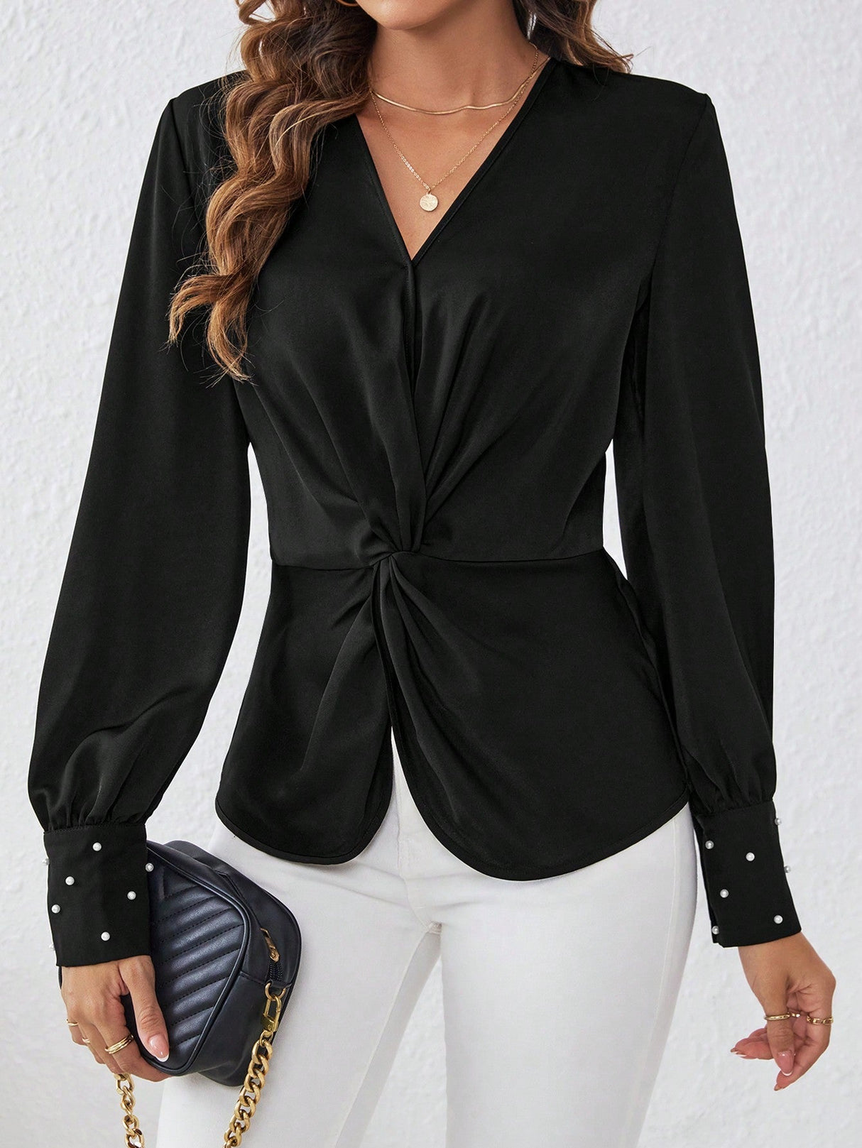 Buy SHEIN Satin Fabric Shirt With Front Knot And Cufflinks Detailed Sleeves in Pakistan