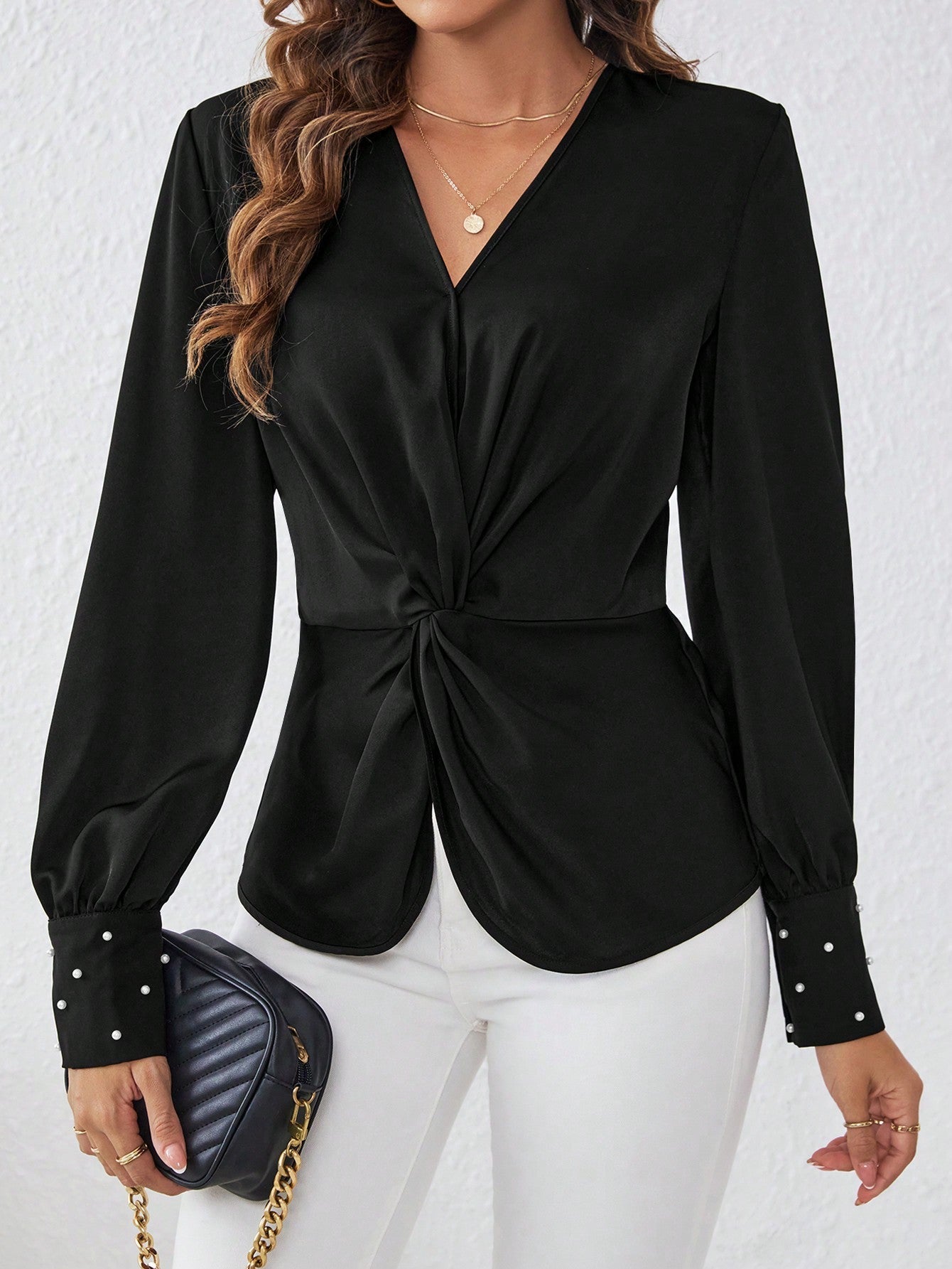 Buy SHEIN Satin Fabric Shirt With Front Knot And Cufflinks Detailed Sleeves in Pakistan