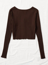Buy Shein Button Front Rib-knit Lettuce Trim Tee in Pakistan