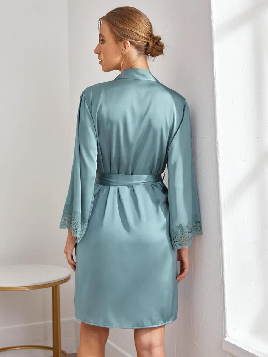 Buy Shein Lace Trim Satin Slips With Belted Robe in Pakistan