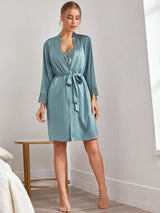 Buy Shein Lace Trim Satin Slips With Belted Robe in Pakistan