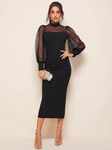 Buy Shein Mock-neck Lantern Sleeve Mesh Yoke Dress in Pakistan