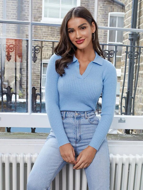 Buy Shein V-neck Solid Rib-Knit Sweater in Pakistan
