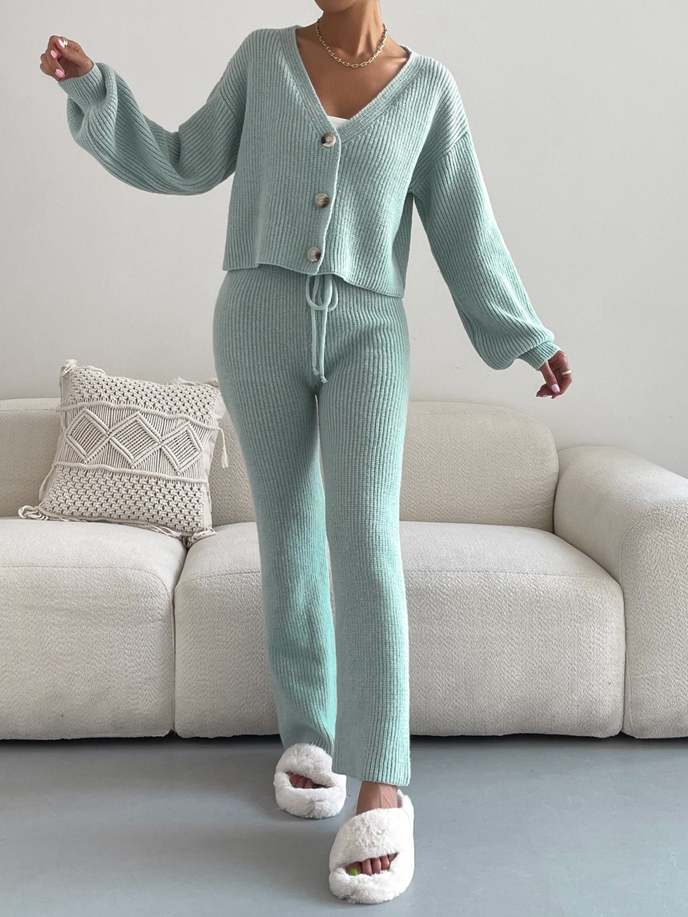 Buy SHEIN Single Breasted Drop Shoulder Cardigan & Tie Front Knit Pants in Pakistan