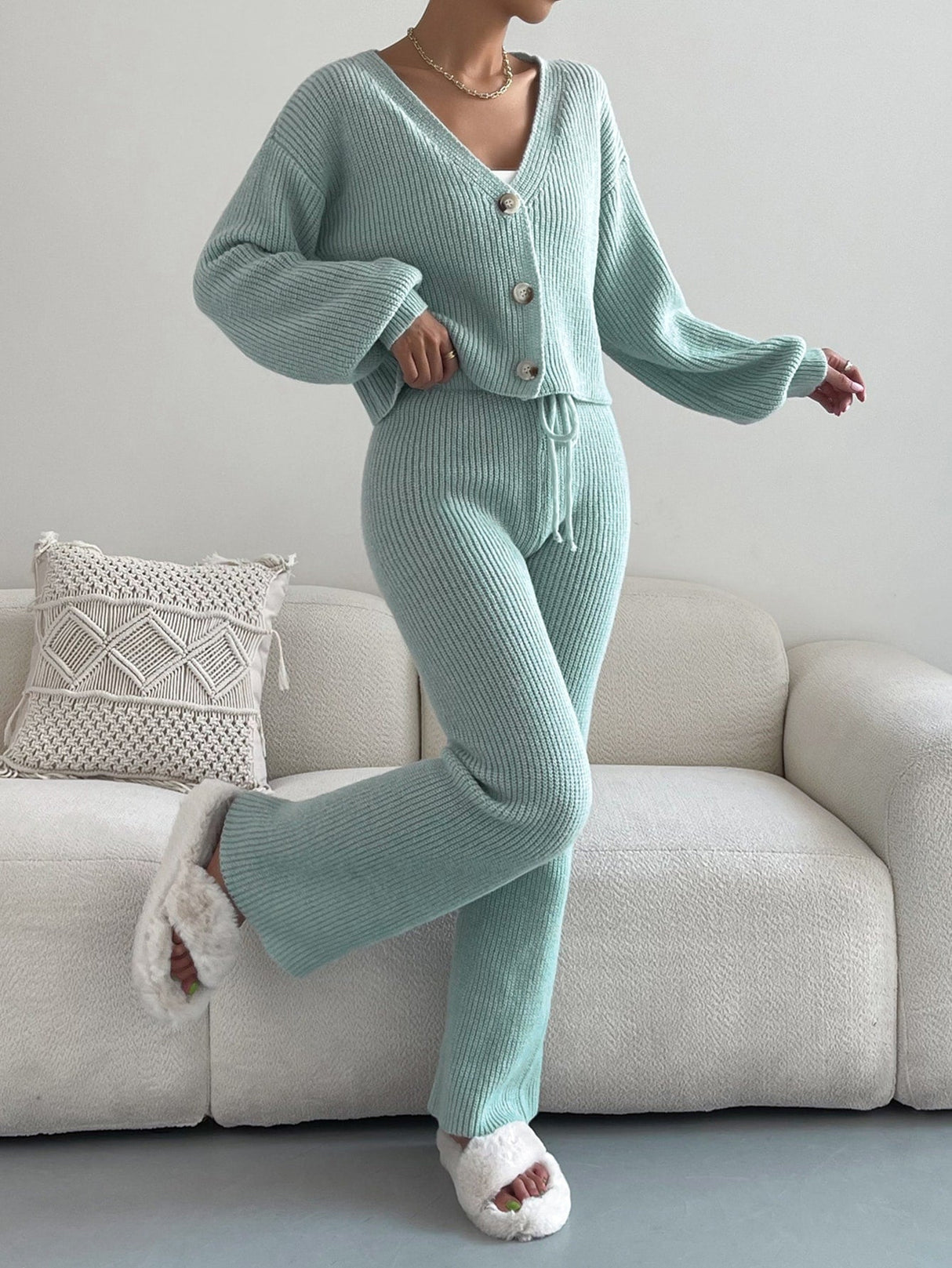 Buy SHEIN Single Breasted Drop Shoulder Cardigan & Tie Front Knit Pants in Pakistan