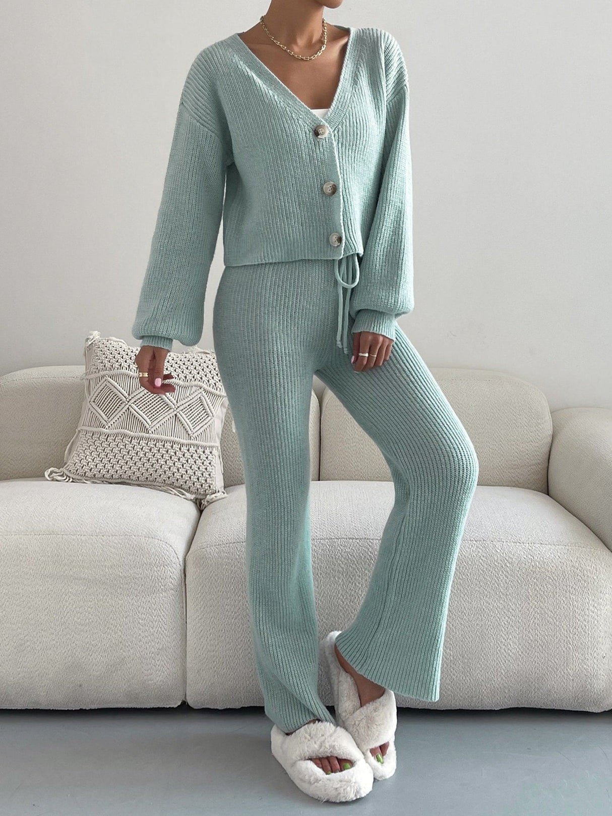 Buy SHEIN Single Breasted Drop Shoulder Cardigan & Tie Front Knit Pants in Pakistan