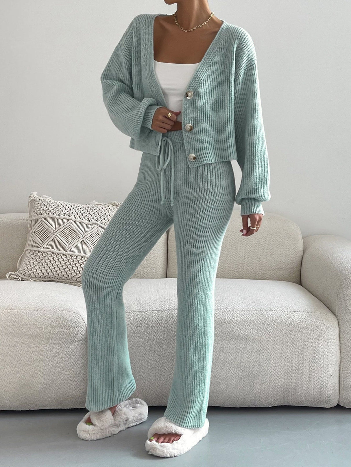 Buy SHEIN Single Breasted Drop Shoulder Cardigan & Tie Front Knit Pants in Pakistan