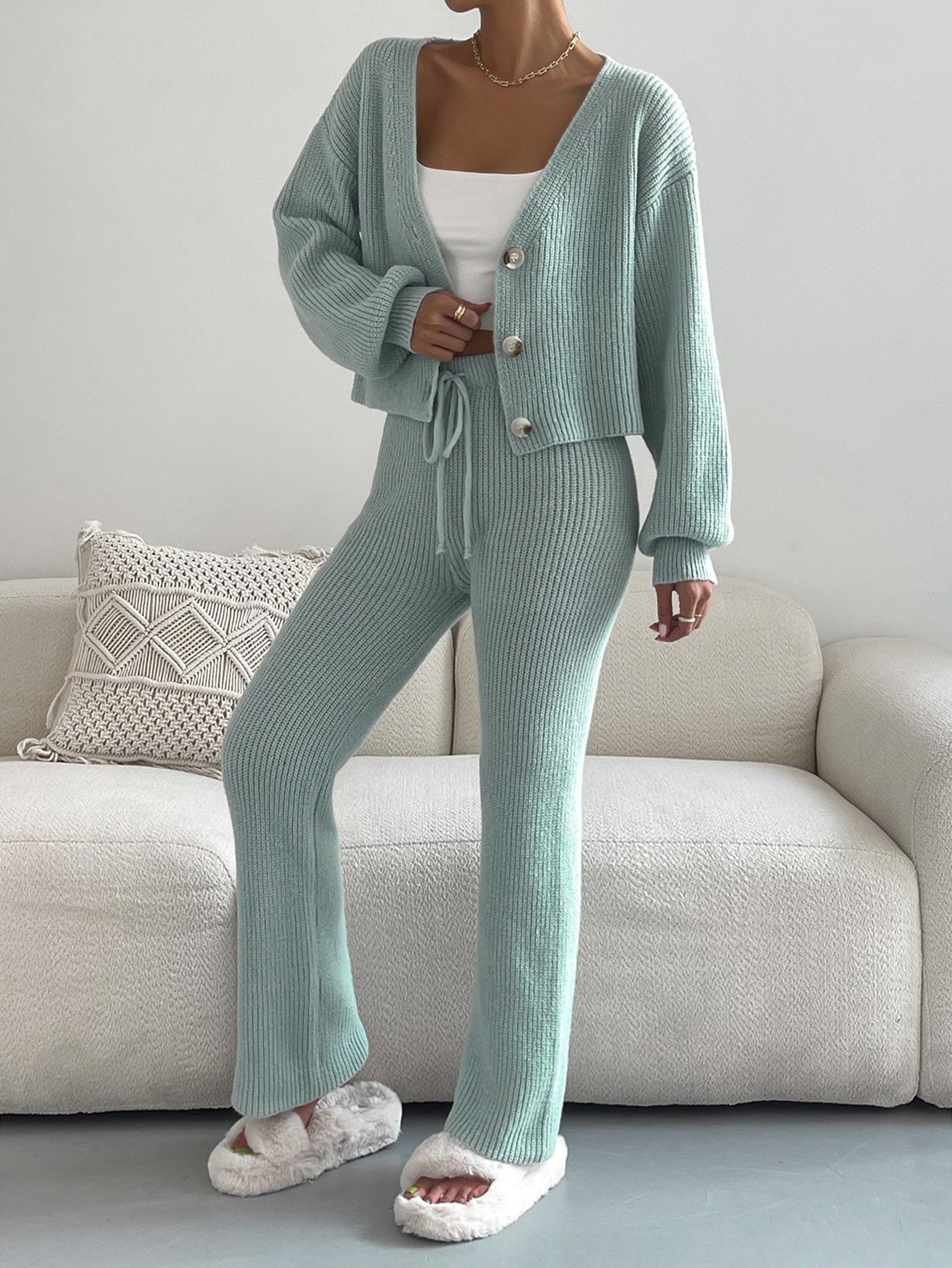 Buy SHEIN Single Breasted Drop Shoulder Cardigan & Tie Front Knit Pants in Pakistan