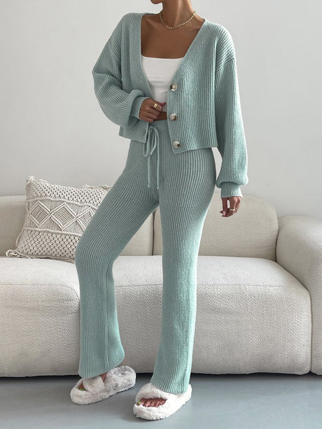 Buy SHEIN Single Breasted Drop Shoulder Cardigan & Tie Front Knit Pants in Pakistan