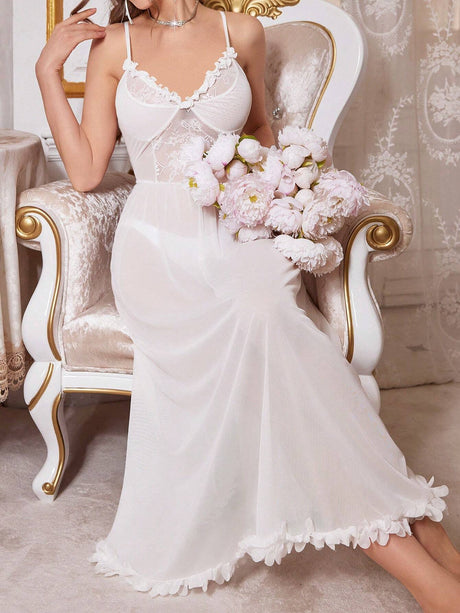 Buy SHEIN Solid Color Lace Patchwork Perspective Cami Nightdress With 3d Floral Decoration in Pakistan