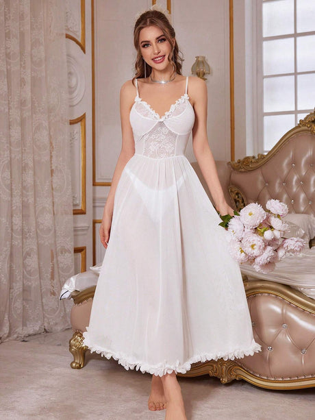Buy SHEIN Solid Color Lace Patchwork Perspective Cami Nightdress With 3d Floral Decoration in Pakistan