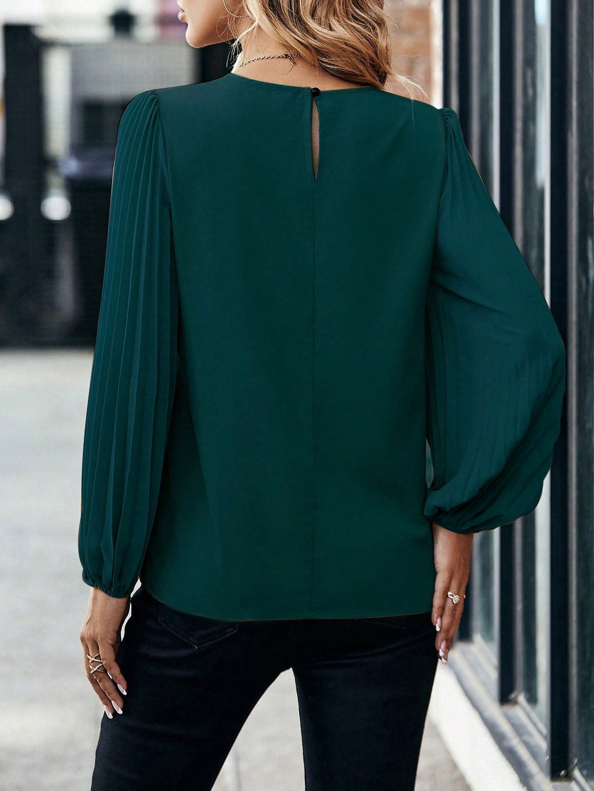 Buy SHEIN Solid Pleated Lantern Sleeve Blouse in Pakistan