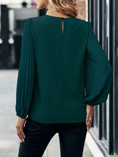 Buy SHEIN Solid Pleated Lantern Sleeve Blouse in Pakistan