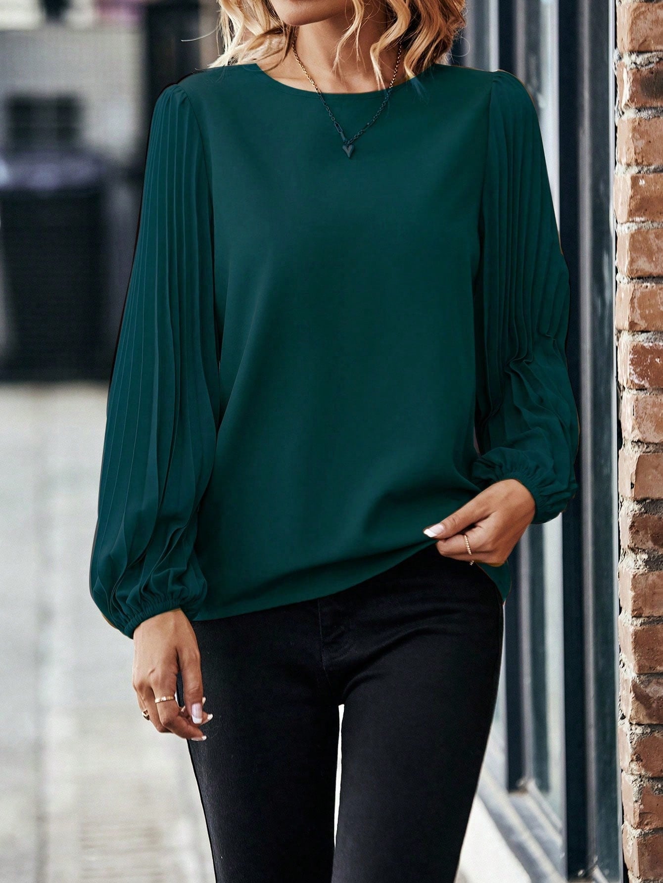 Buy SHEIN Solid Pleated Lantern Sleeve Blouse in Pakistan