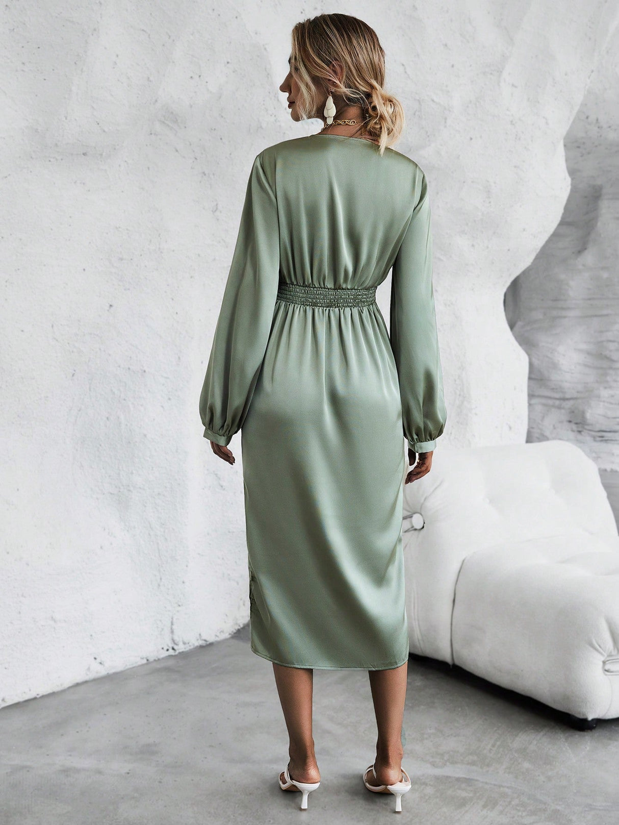 Buy SHEIN Square Neck Lantern Sleeve Split Thigh Satin Dress in Pakistan