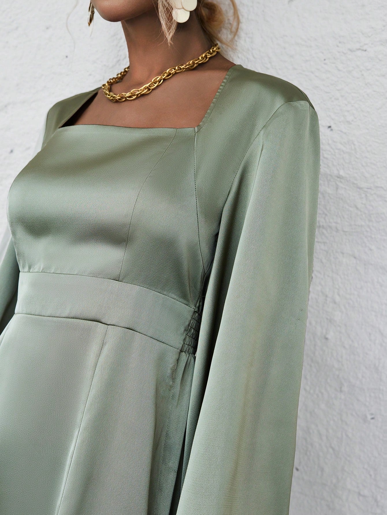 Buy SHEIN Square Neck Lantern Sleeve Split Thigh Satin Dress in Pakistan