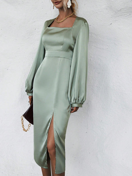Buy SHEIN Square Neck Lantern Sleeve Split Thigh Satin Dress in Pakistan