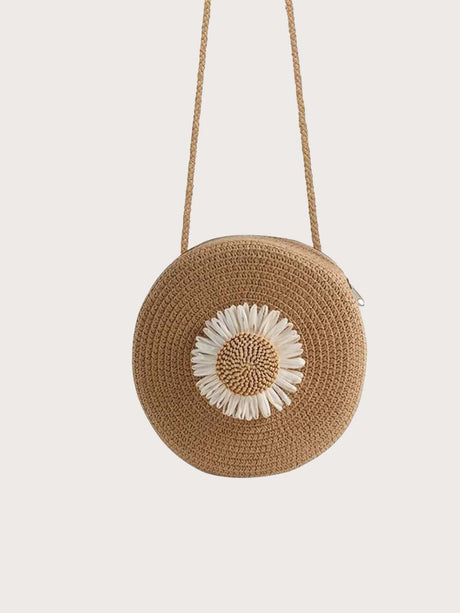 Buy SHEIN Flower Graphic Circle Straw Bag, Vintage Shoulder Beach Bag, Women's Crossbody Purse Mini Flower Decor Straw Bag in Pakistan